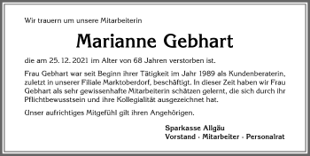 Traueranzeige von Marianne Gebhart von Allgäuer Zeitung, Marktoberdorf