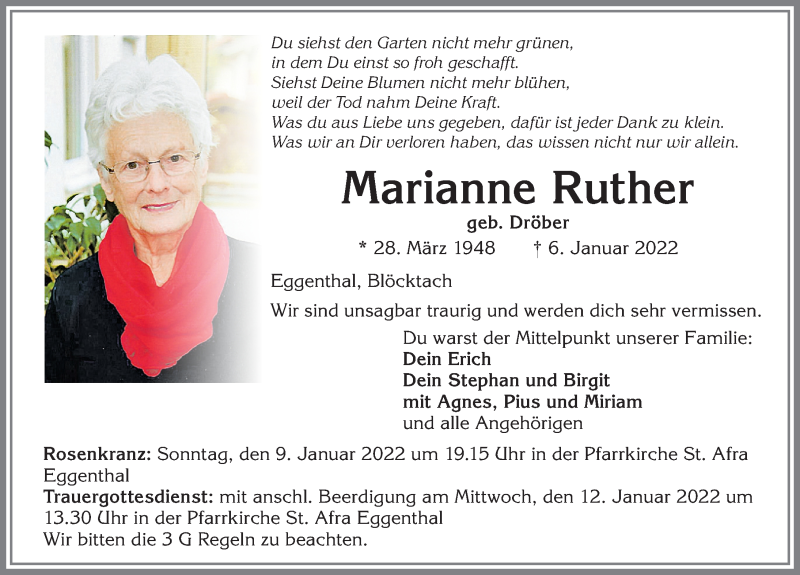  Traueranzeige für Marianne Ruther vom 08.01.2022 aus Allgäuer Zeitung, Marktoberdorf