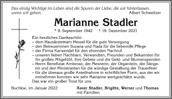 Traueranzeige von Marianne Stadler von Allgäuer Zeitung, Kaufbeuren/Buchloe