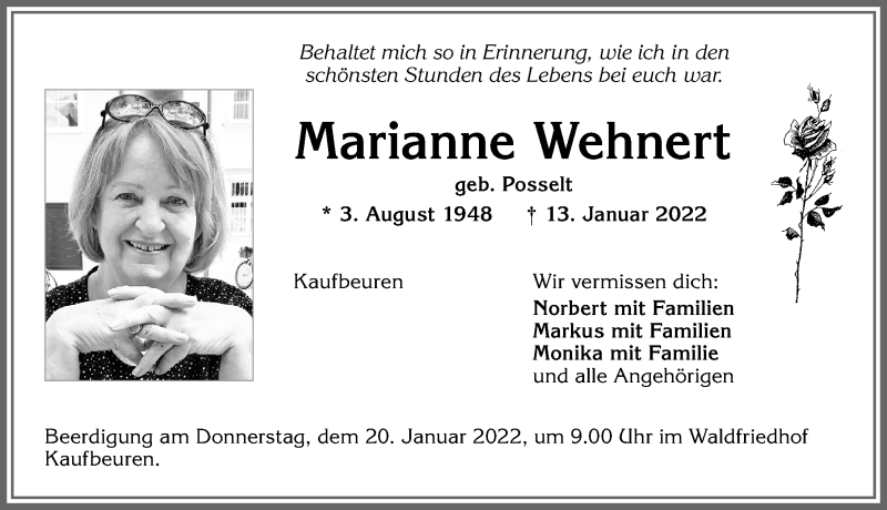  Traueranzeige für Marianne Wehnert vom 18.01.2022 aus Allgäuer Zeitung, Kaufbeuren/Buchloe
