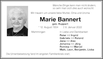 Traueranzeige von Marie Bannert von Memminger Zeitung