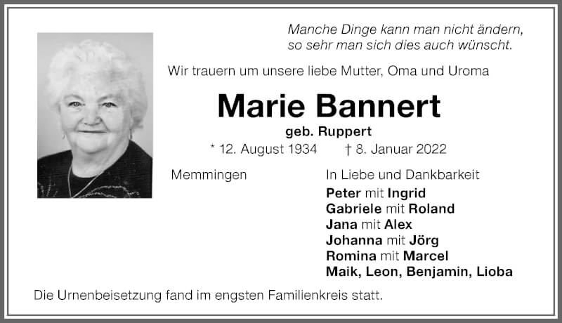  Traueranzeige für Marie Bannert vom 15.01.2022 aus Memminger Zeitung