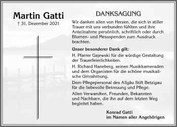 Traueranzeige von Martin Gatti von Allgäuer Zeitung,Kempten