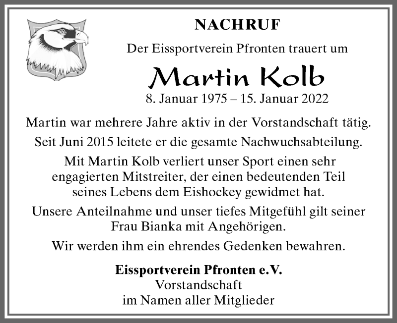  Traueranzeige für Martin Kolb vom 22.01.2022 aus Allgäuer Zeitung, Füssen