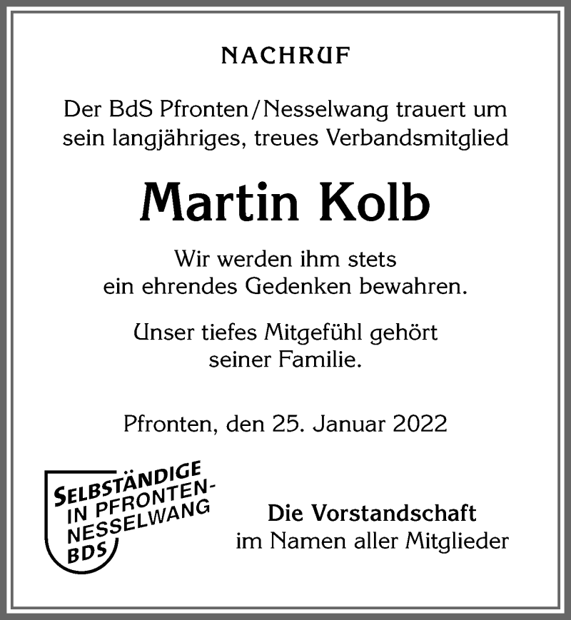  Traueranzeige für Martin Kolb vom 25.01.2022 aus Allgäuer Zeitung, Füssen