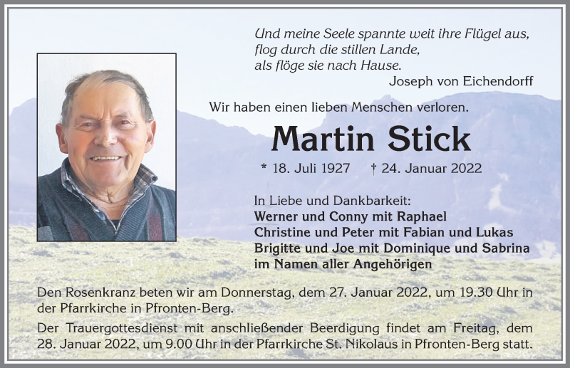 Traueranzeige für Martin Stick vom 26.01.2022 aus Allgäuer Zeitung, Füssen