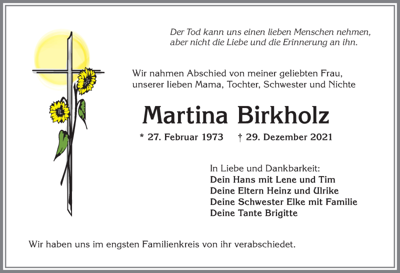  Traueranzeige für Martina Birkholz vom 22.01.2022 aus Allgäuer Zeitung,Kempten