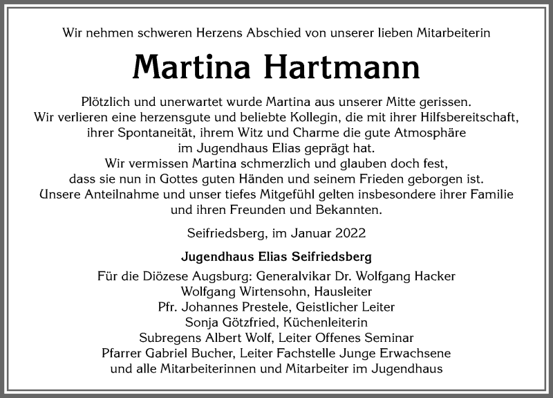 Traueranzeige für Martina Hartmann vom 08.01.2022 aus Allgäuer Anzeigeblatt