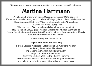 Traueranzeige von Martina Hartmann von Allgäuer Anzeigeblatt
