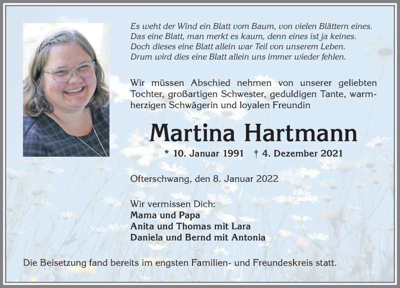  Traueranzeige für Martina Hartmann vom 08.01.2022 aus Allgäuer Anzeigeblatt