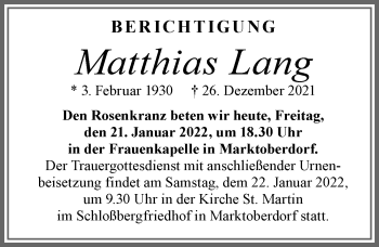 Traueranzeige von Matthias Lang von Allgäuer Zeitung, Marktoberdorf
