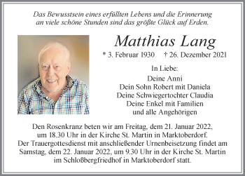 Traueranzeige von Matthias Lang von Allgäuer Zeitung, Marktoberdorf