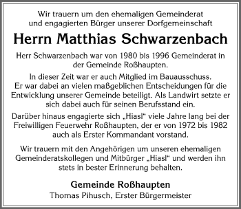 Traueranzeige von Matthias Schwarzenbach von Allgäuer Zeitung, Füssen