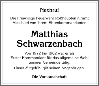 Traueranzeige von Matthias Schwarzenbach von Allgäuer Zeitung, Füssen