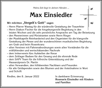 Traueranzeige von Max Einsiedler von Allgäuer Zeitung, Marktoberdorf