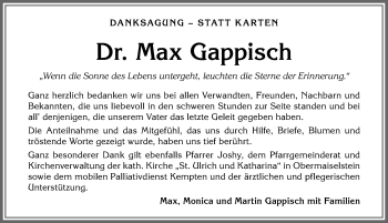 Traueranzeige von Max Gappisch von Allgäuer Anzeigeblatt