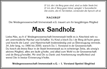 Traueranzeige von Max Sandholz von Allgäuer Anzeigeblatt