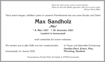 Traueranzeige von Max Sandholz von Allgäuer Anzeigeblatt