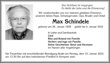 Traueranzeige von Max Schindele von Allgäuer Zeitung,Kempten