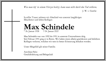 Traueranzeige von Max Schindele von Allgäuer Zeitung,Kempten
