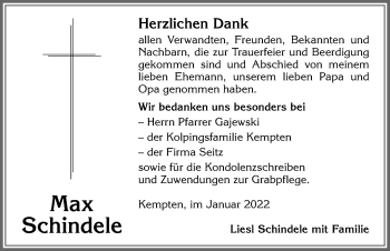 Traueranzeige von Max Schindele von Allgäuer Zeitung,Kempten