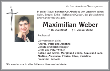 Traueranzeige von Maximilian Weber von Allgäuer Anzeigeblatt