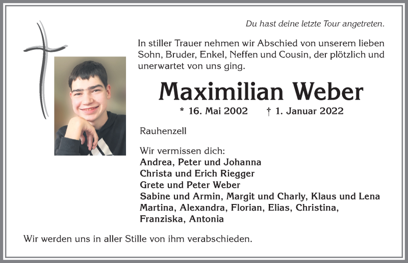  Traueranzeige für Maximilian Weber vom 08.01.2022 aus Allgäuer Anzeigeblatt