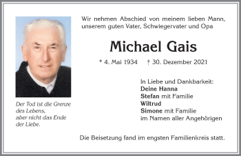 Traueranzeige von Michael Gais von Allgäuer Zeitung,Kempten
