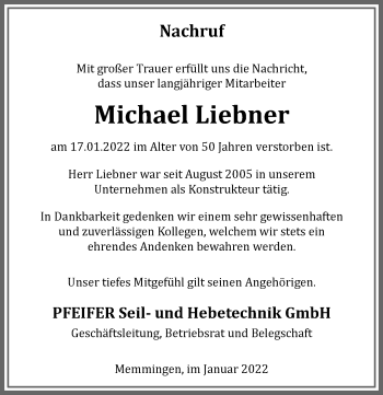 Traueranzeige von Michael Liebner von Allgäuer Zeitung,Kempten