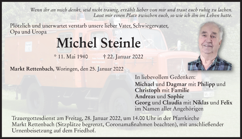  Traueranzeige für Michel Steinle vom 25.01.2022 aus Memminger Zeitung