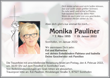 Traueranzeige von Monika Pauliner von Allgäuer Anzeigeblatt