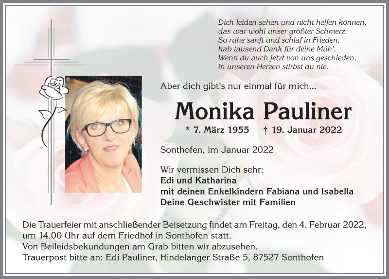  Traueranzeige für Monika Pauliner vom 29.01.2022 aus Allgäuer Anzeigeblatt
