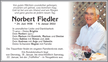 Traueranzeige von Norbert Fiedler von Allgäuer Zeitung, Kaufbeuren/Buchloe