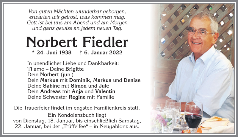  Traueranzeige für Norbert Fiedler vom 13.01.2022 aus Allgäuer Zeitung, Kaufbeuren/Buchloe