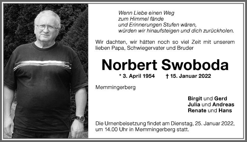  Traueranzeige für Norbert Swoboda vom 19.01.2022 aus Memminger Zeitung