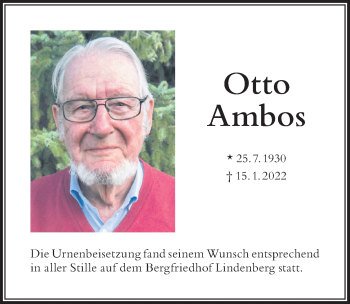 Traueranzeige von Otto Ambos von Der Westallgäuer