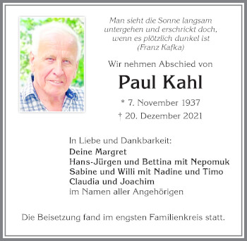 Traueranzeige von Paul Kahl von Allgäuer Zeitung,Kempten