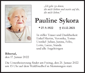 Traueranzeige von Pauline Sykora von Memminger Zeitung