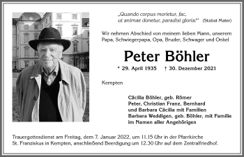Traueranzeige von Peter Böhler von Allgäuer Zeitung,Kempten