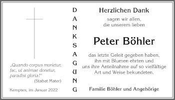 Traueranzeige von Peter Böhler von Allgäuer Zeitung,Kempten