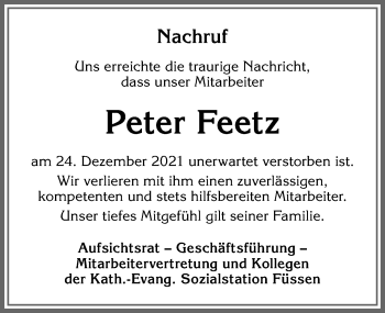 Traueranzeige von Peter Feetz von Allgäuer Zeitung, Füssen