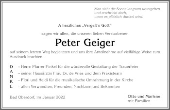 Traueranzeige von Peter Geiger von Allgäuer Anzeigeblatt