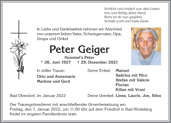 Traueranzeige von Peter Geiger von Allgäuer Anzeigeblatt