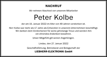 Traueranzeige von Peter Kolbe von Memminger Zeitung