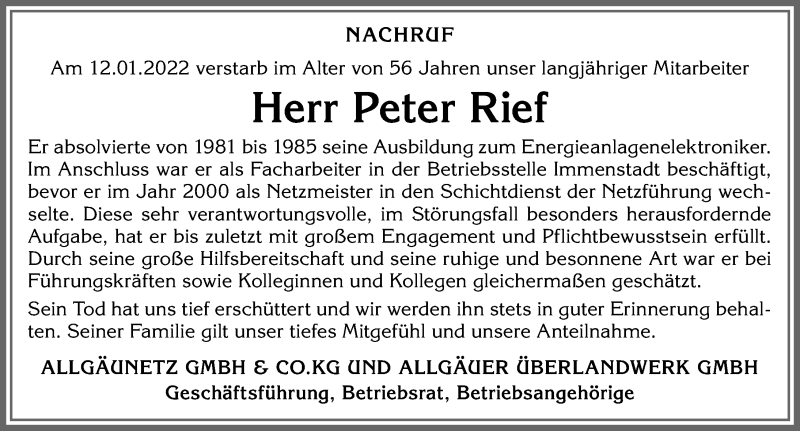  Traueranzeige für Peter Rief vom 22.01.2022 aus Allgäuer Anzeigeblatt