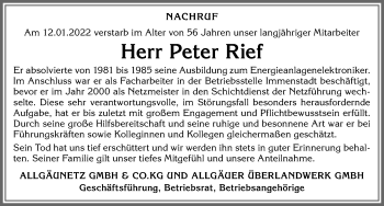 Traueranzeige von Peter Rief von Allgäuer Anzeigeblatt