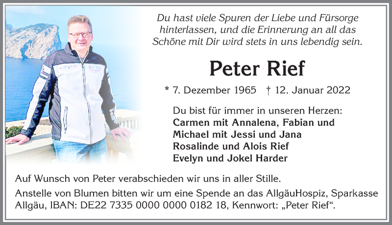  Traueranzeige für Peter Rief vom 22.01.2022 aus Allgäuer Anzeigeblatt