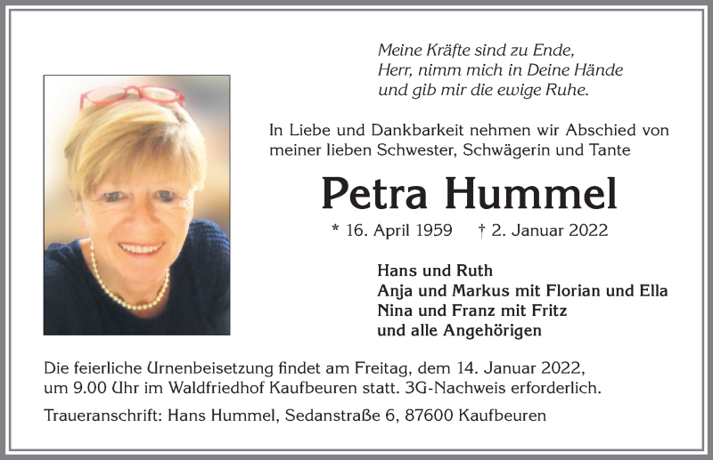  Traueranzeige für Petra Hummel vom 08.01.2022 aus Allgäuer Zeitung, Kaufbeuren/Buchloe