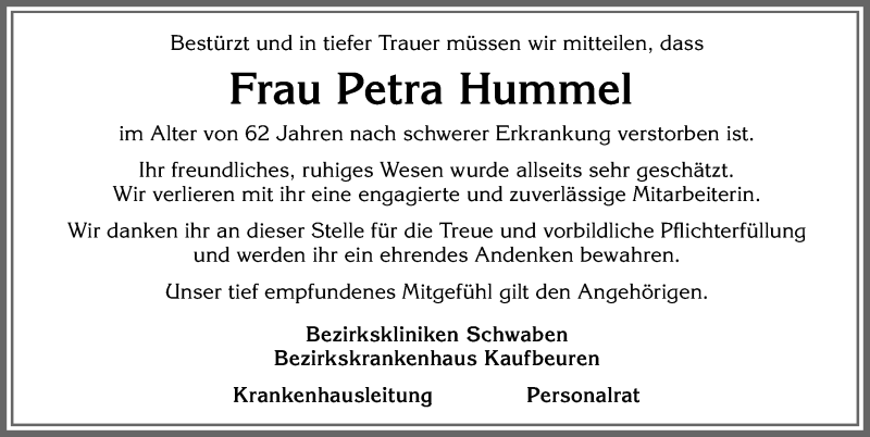  Traueranzeige für Petra Hummel vom 08.01.2022 aus Allgäuer Zeitung, Kaufbeuren/Buchloe