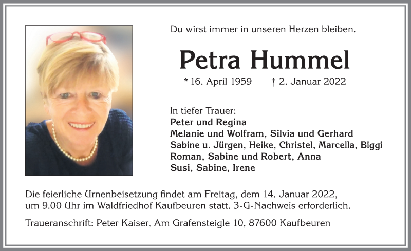  Traueranzeige für Petra Hummel vom 08.01.2022 aus Allgäuer Zeitung